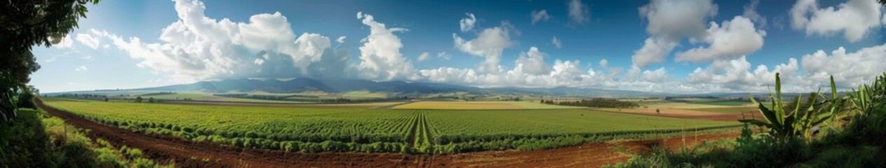 Fototapeta premium Wide-Angle Aerial View of Smart Agriculture Orchard: Showcasing Vast and Magnificent Farmland, Future Intelligent Industry Agriculture Theme, AI-Generated High-Resolution Wallpape