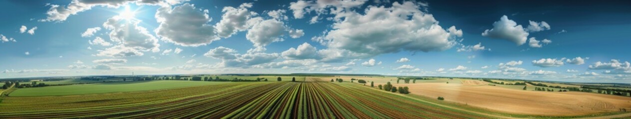 Obraz premium Wide-Angle Aerial View of Smart Agriculture Orchard: Showcasing Vast and Magnificent Farmland, Future Intelligent Industry Agriculture Theme, AI-Generated High-Resolution Wallpape