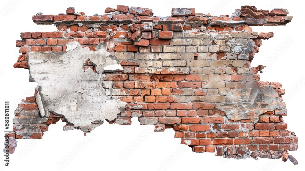 Poster a worn-out brick wall with a noticeable hole, suitable for use as a background or to represent damag