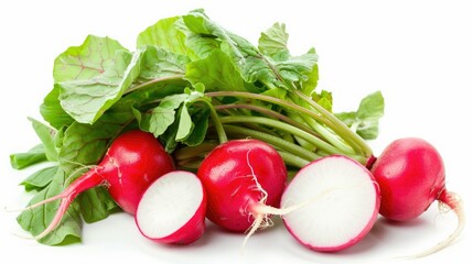 Fresh whole and half garden radishes, isolated on a clean white background