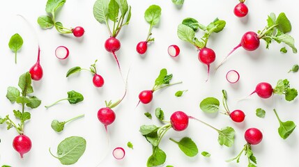 Fresh whole and half small garden radishes isolated on a white background, top view
