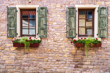 A typical house facade in Rheinhessen decorated with flowers