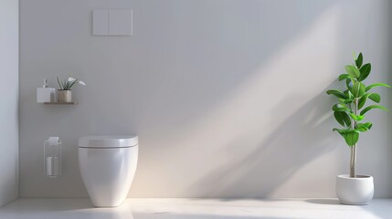 Minimalist bathroom interior with modern toilet and green plant in natural light, emphasizing simplicity and cleanliness.