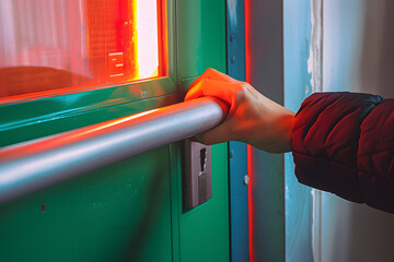 Hand is pushing/opening the emergency fire exit door