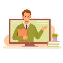 Online School Teacher on Computer Screen Video Lesson Digital Education Vector Illustration