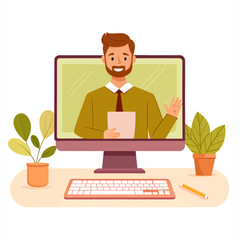Online School Teacher on Computer Screen Video Lesson Digital Education Vector Illustration