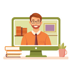 Online School Teacher on Computer Screen Video Lesson Digital Education Vector Illustration