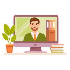 Online School Teacher on Computer Screen Video Lesson Digital Education Vector Illustration