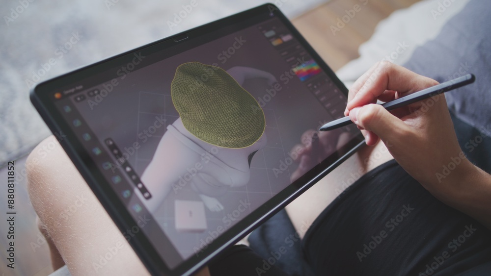Poster boy with digital stylus and tablet in hands sits at home, creates 3d models. focused teenager draws 