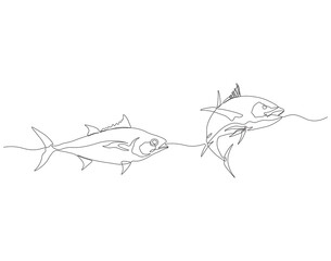 Continuous one line drawing of tuna. One line drawing illustration of tuna fish. Marine animal concept continuous line art. Editable outline.