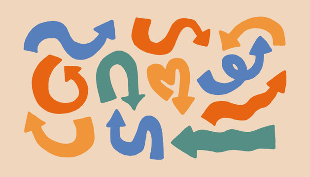 Set of fun playful quirky arrows pointing in different directions. Colorful retro style pointers for planners, infographics, etc.