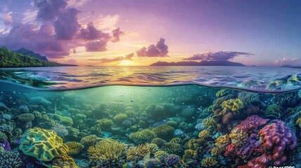 A panoramic view of a coral reef at dawn, with soft hues of pink and orange painting the sky and water