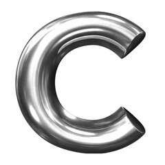 A glossy, reflective 3D letter C with a fluid droplet design and silver or chrome gradient, Abstract fluid droplet shape, glossy smooth shiny reflective surface with metallic silver gradient.