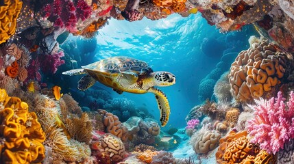 Obraz premium A sea turtle swimming through a colorful tunnel formed by branching coral structures