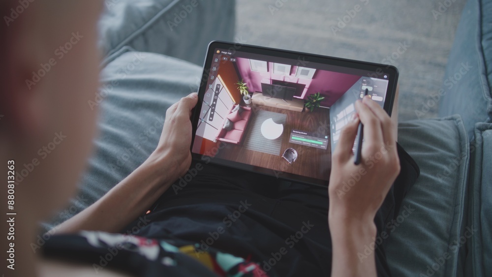 Poster talented teenager with digital stylus and tablet in hands sits at home, creates 3d model of room. cr