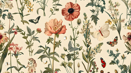 Seamless pattern background showcasing vintage botanical illustrations of flowers and leaves in soft, muted colors.