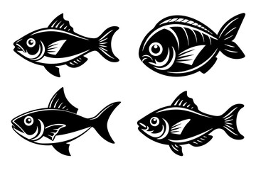  A set of 4 cute fish logo with different poses silhouette lineocut vector illustration