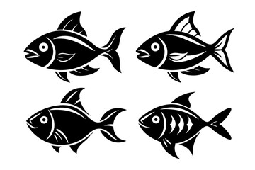  A set of 4 cute fish logo with different poses silhouette lineocut vector illustration