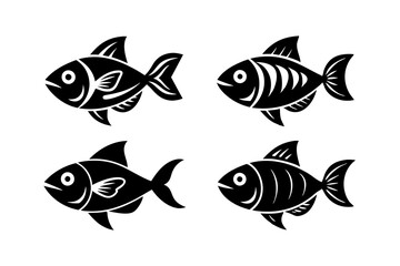  A set of 4 cute fish logo with different poses silhouette lineocut vector illustration