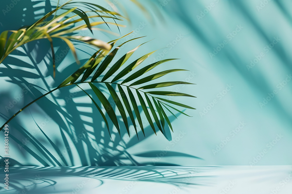 Poster blurred shadow from palm leaves on the light blue wall minimal abstract background for product prese