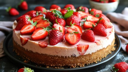 Strawberry cheesecake with a graham cracker crust and fresh strawberries