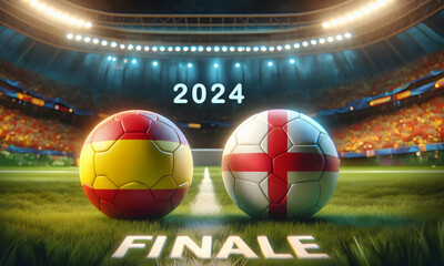 Länderflaggen von Spanien und England mit einem Fußball in der Mitte, Finale, Fußball EM 2024, Europameisterschaft Endspiel