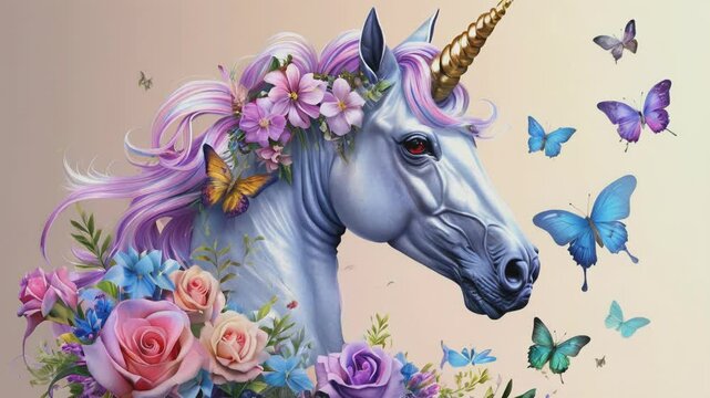 Fantasy unicorn adorned with flowers and butterflies in pastel hues. Animated unicorn in a magical meadow with butterflies and flowers under a clear blue sky.