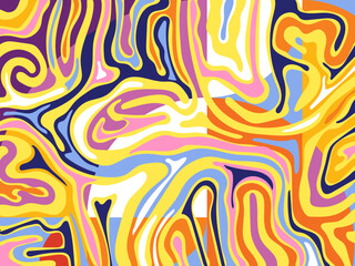 Abstract groovy hippie 70s background. Waves colorful vintage  swirl, twirl ,psychedelic, striped pattern illustration design for wallpaper, web, banner and print.