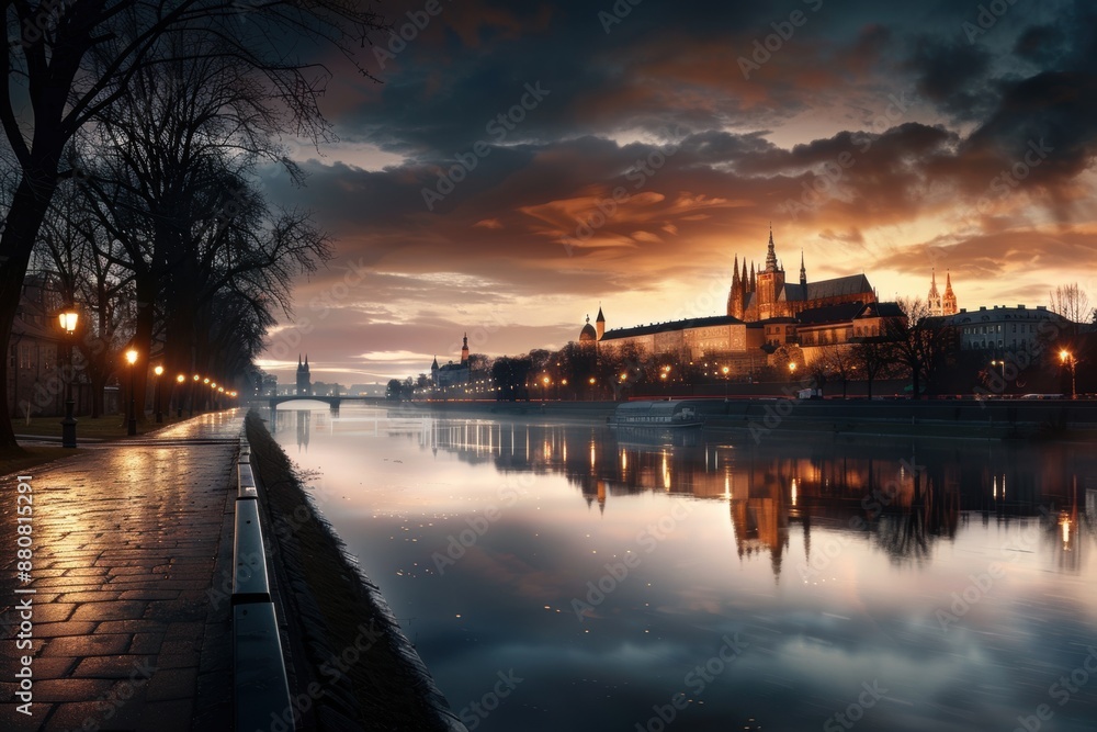 Poster a city with a river running through it and a large castle in the background. the sky is cloudy and t
