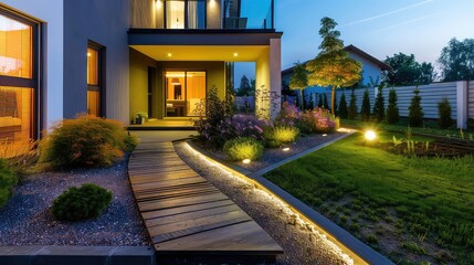 Fototapeta premium Modern gardening landscaping design details. Illuminated pathway in front of residential house. Landscape garden with ambient lighting system installation highlighting flowers plants.