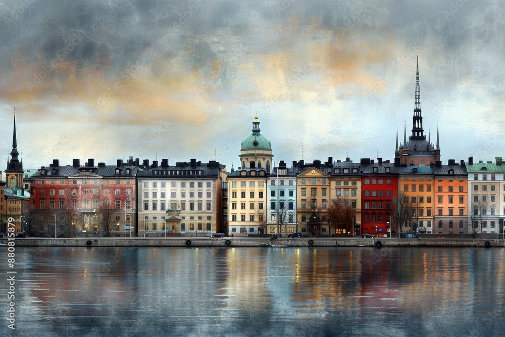 Poster a city with a river running through it and a large building in the background. the buildings are of 