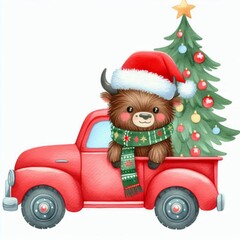 A cute cartoon bull wearing a Santa hat and scarf rides in a red truck with a Christmas tree.