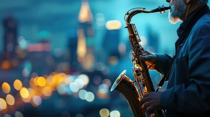 Fototapeta premium A man playing a saxophone in a city at night. The saxophone player is wearing a black jacket and he is enjoying the music. The city lights in the background create a warm and inviting atmosphere