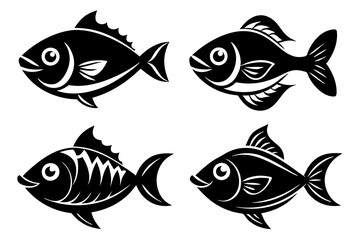  A set of 4 cute fish logo with different poses silhouette lineocut vector illustration