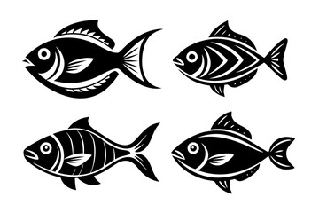  A set of 4 cute fish logo with different poses silhouette lineocut vector illustration