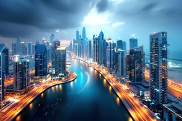 Fototapeta premium A city skyline with a river running through it. The city is lit up at night, creating a moody atmosphere