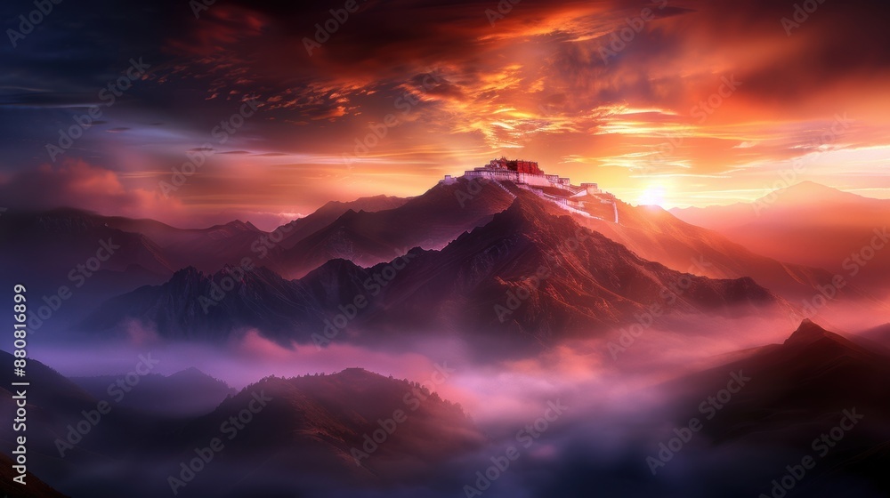 Poster a mountain range with a red and orange sky in the background. the mountains are covered in clouds an