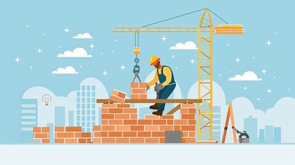 Skilled Construction Worker in Flat Design Laying Bricks and Using Tools on Building Site