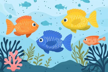 Fototapeta premium Vibrant Fish Swimming in Aquarium - Flat Design Cartoon Drawing with Split-Complementary Colors