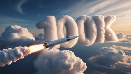 A beautiful, futuristic rocket speeds through the sky, leaving a trail of smoke behind as it passes a billowing cloud formation shaped like "100k". The clouds are huge and fluffy and the image feels