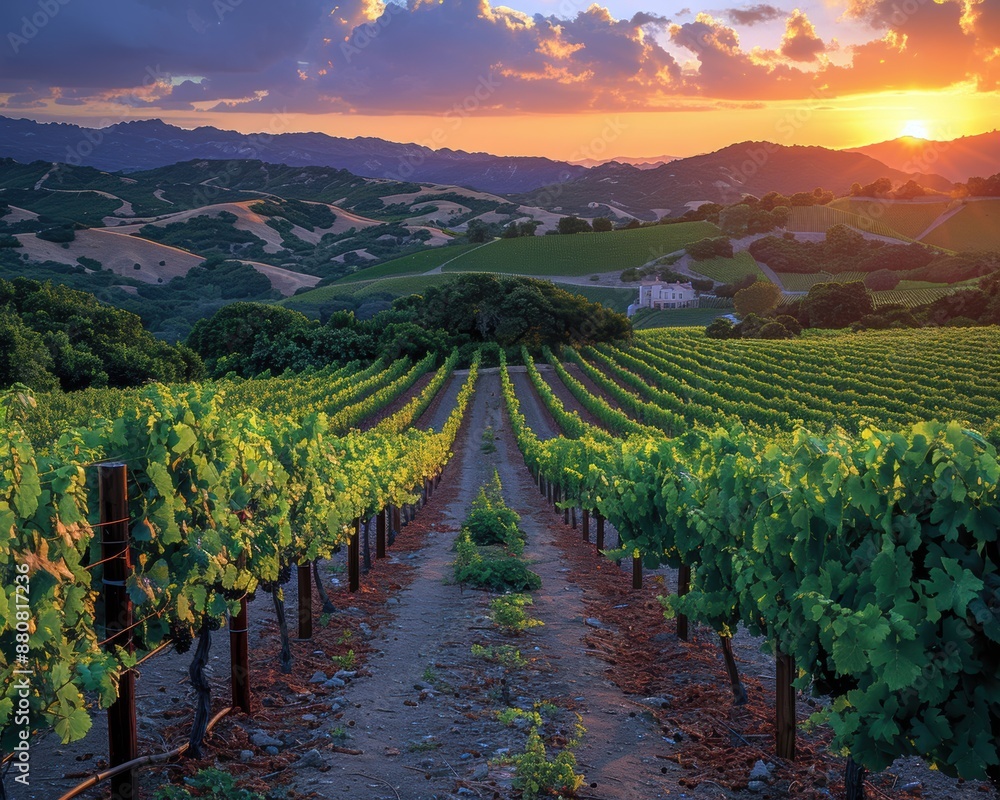 Poster a beautiful sunset over a vineyard with a road running through it. the road is lined with grape vine