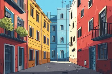 Fototapeta premium Vibrant Cityscape: Modern Urban Scene in Split-Complementary Colors - Flat Design Cartoon Illustration