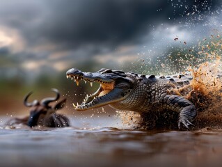 A crocodile is in the water, with its mouth open, and a buffalo is nearby. The scene is intense and dramatic, with the crocodile appearing to be in the midst of a hunt