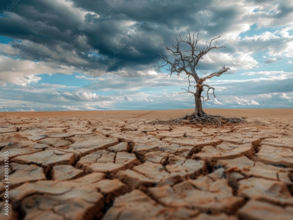Poster a tree is standing in a desert with a cloudy sky above. the scene is desolate and barren