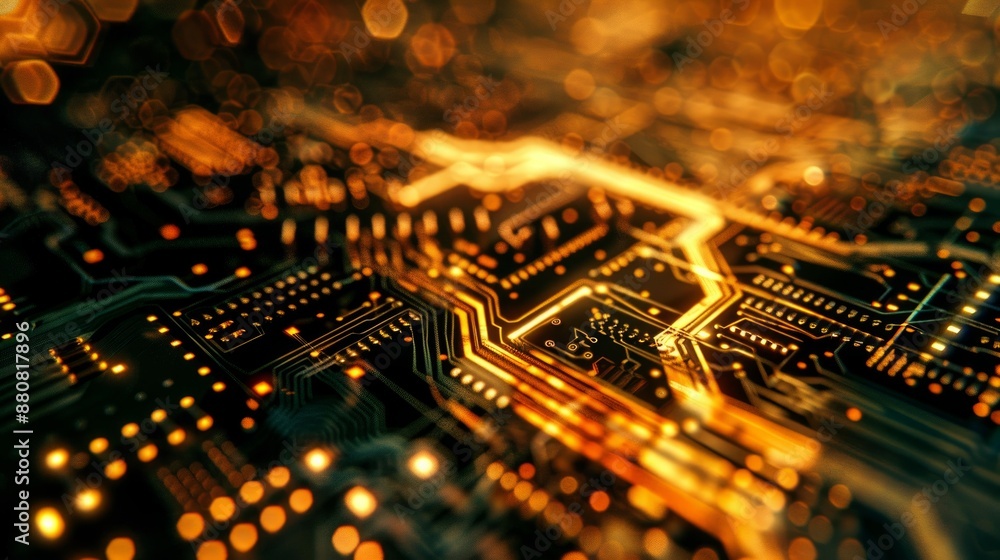Poster close up of a circuit board with glowing traces