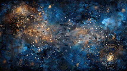 A painting of a galaxy with a lot of stars and constellations. The painting is blue and gold