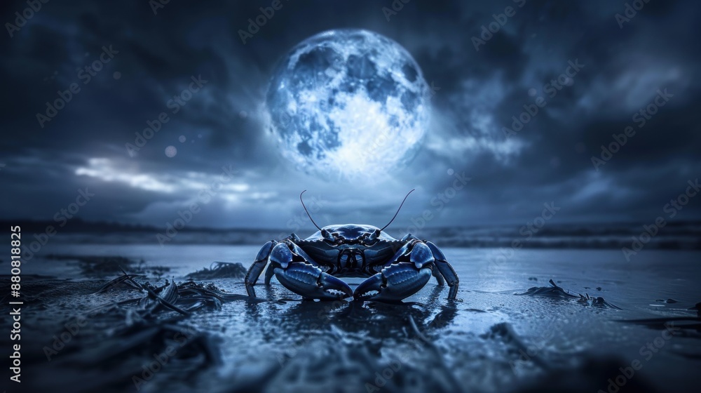 Poster a crab is standing on a beach in front of a full moon. the image has a moody and mysterious atmosphe