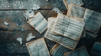 Obraz premium A pile of old sheet music is scattered across a wooden table. The music is old and worn, with some pages torn and crumpled. Concept of nostalgia and the passage of time