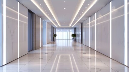 Fototapeta premium Modern Office Hallway with White Walls and Bright Lighting