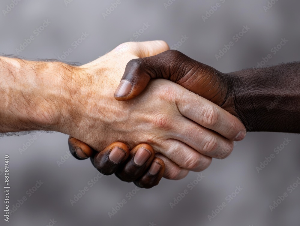 Aufkleber two hands shaking in a handshake. concept of unity and cooperation between two people of different r